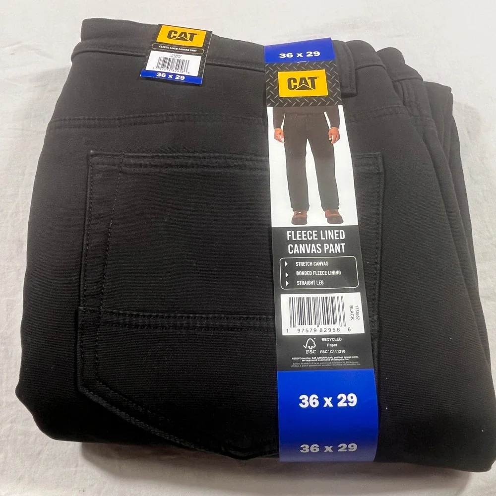 CAT Fleece Lined Canvas Pant Mens 36x29 Black NEW Stretch Straight Leg New